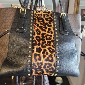 Michael Kors Black and Brown Leopard Tote With Calf Hair